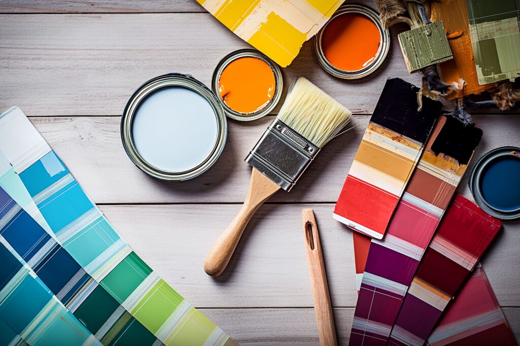 Farbe in Dosen, Pinsel und Farbmuster, Grundriss. Raumgestaltung. Farbe für Reparaturen auswählen.