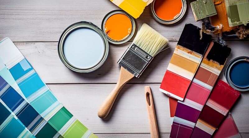 Farbe in Dosen, Pinsel und Farbmuster, Grundriss. Raumgestaltung. Farbe für Reparaturen auswählen.