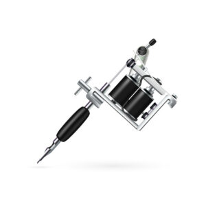 Realistische einzelne Tattoo-Maschine mit schwarzen und Metall-Elemente auf weißem Hintergrund
