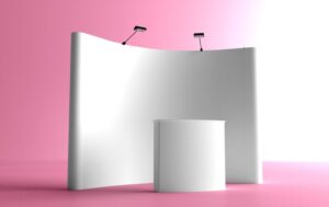 Messestand-Display. Pop-up-Display mit Promotiontheke Tisch.