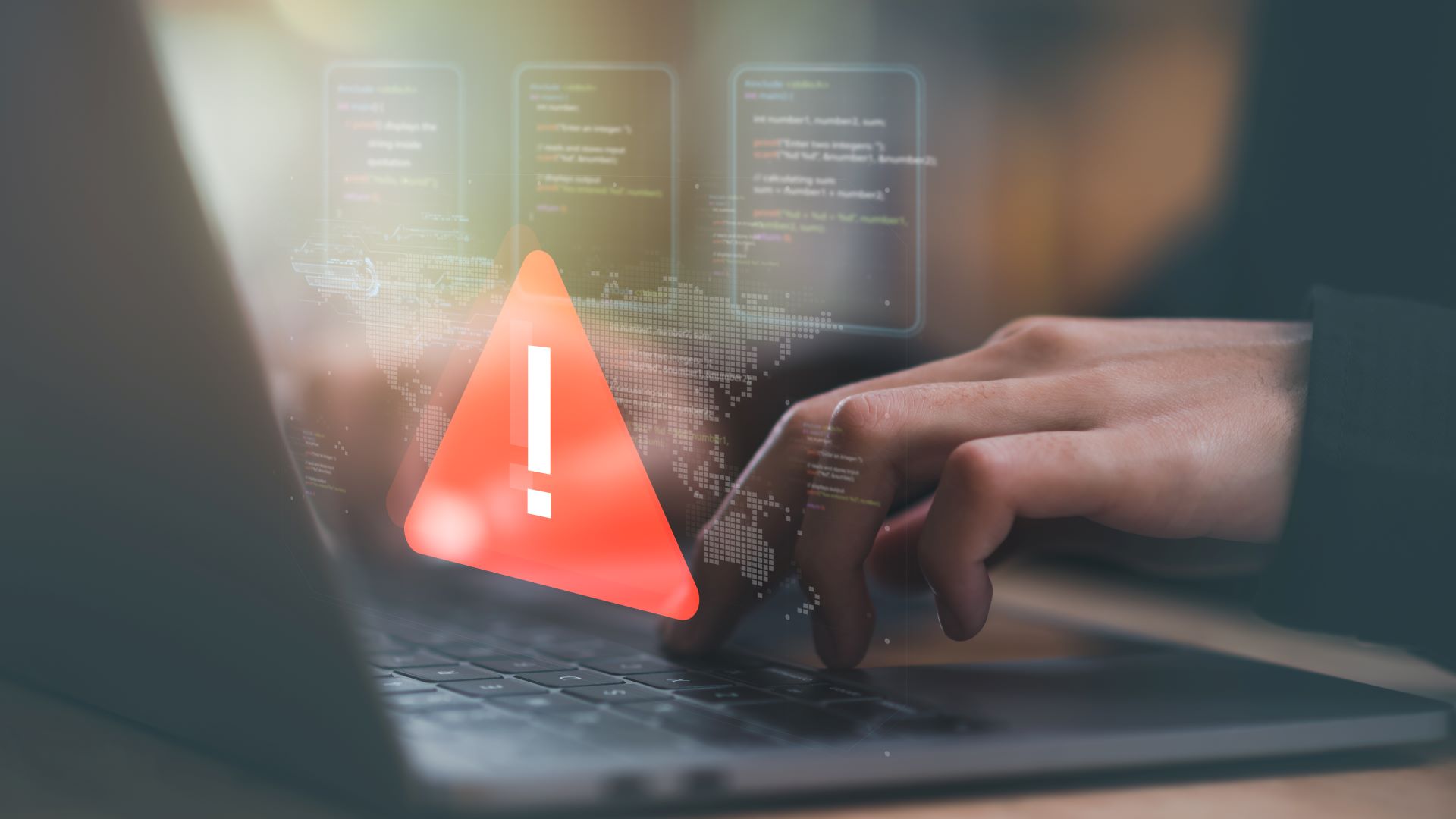 Programmierer und virtuelle Icons, Ausrufezeichen, Alarm, Computervirus entdeckt, Gefahrenwarnkonzept oder Informationsfehler, die dringend behoben und repariert werden sollten, Benachrichtigung über Sicherheitsprobleme 