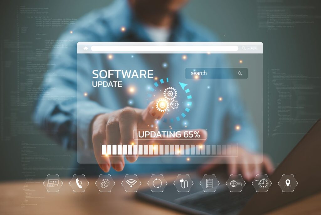 Update-Software-System-Konzept. Upgrade-Installation Business-App und Software-Update-Prozess auf Computer Laptop. Benutzer Download installieren Daten Funktion Technologie. Neue Version Sicherheitssystem Release. 