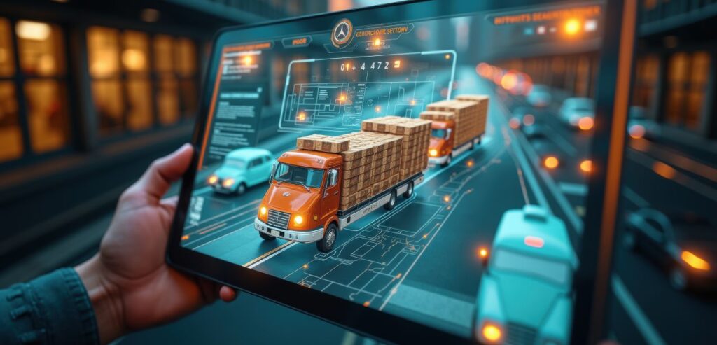 Ein Tablet zeigt ein Echtzeit-Tracking von Lkw mit einer modernen Speditionssoftware, während im Hintergrund eine belebte Straße zu sehen ist.