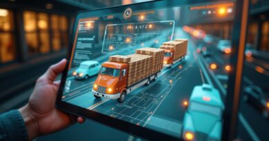 Ein Tablet zeigt ein Echtzeit-Tracking von Lkw mit einer modernen Speditionssoftware, während im Hintergrund eine belebte Straße zu sehen ist.