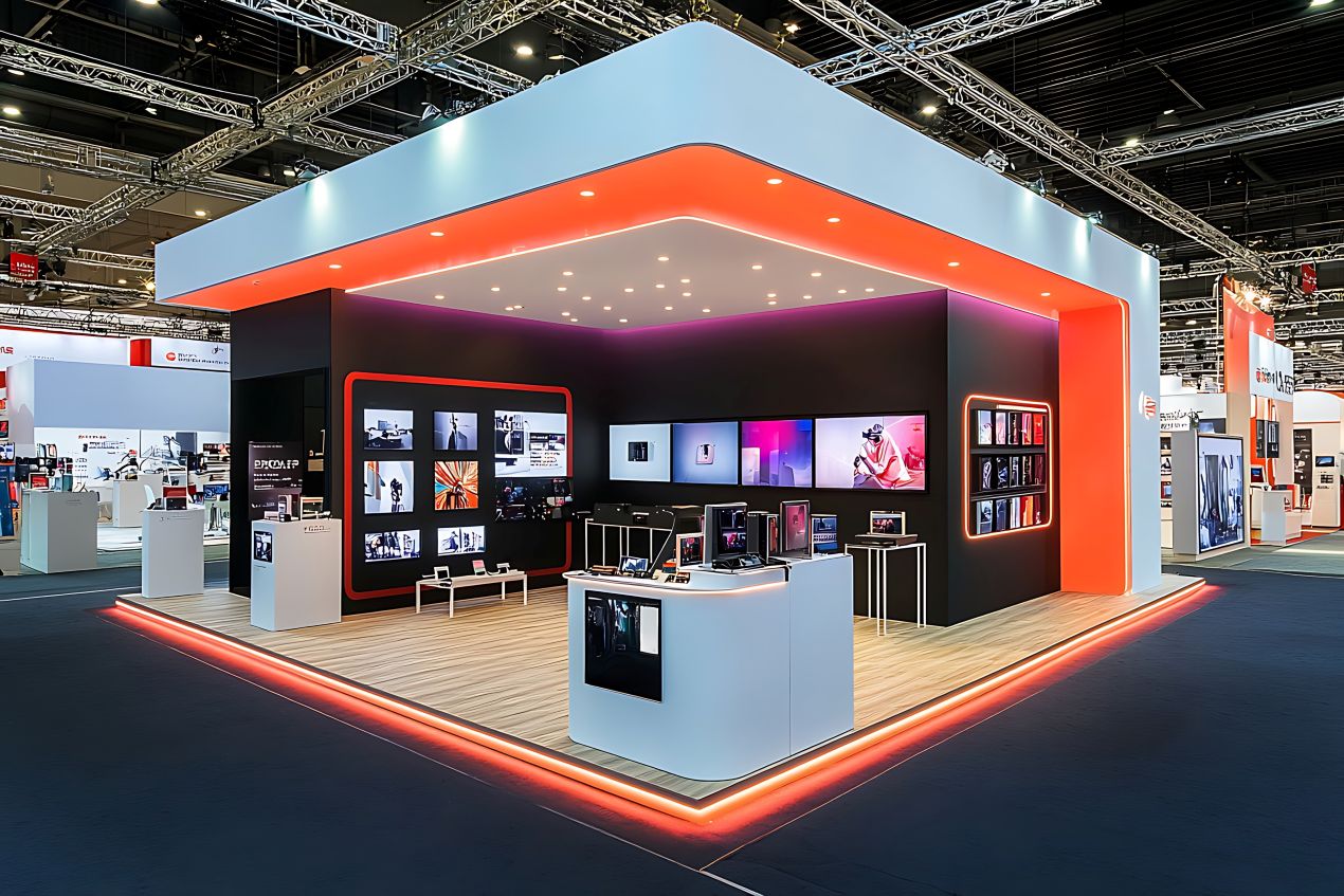 hightech messestand mit grossflaechigen displays und lichtinszenierung – display vermietung fuer markeninszenierung auf fachmessen