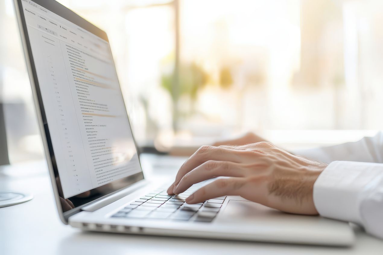 Nahaufnahme von Händen, die auf einer Laptop-Tastatur tippen – professionelle Hilfe nutzen, statt die ganze Masterarbeit schreiben zu lassen.