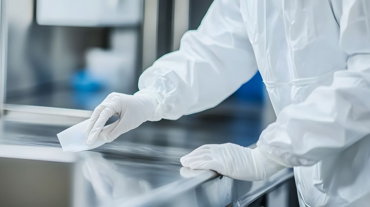 reinraumreinigung von edelstahloberflaeche mit wischtechnik im hochsicherheitsbereich
