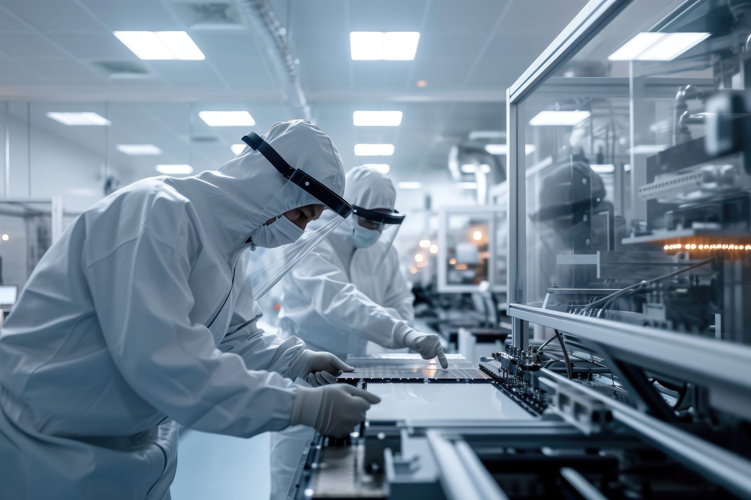 reinraumreinigung und qualitaetssicherung durch personal an produktionslinie im iso zertifizierten bereich