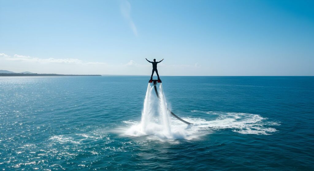 Person schwebt mit Flyboard hoch ueber dem Wasser – spektakulaere Technik neben Efoil-Trends im Wassersport