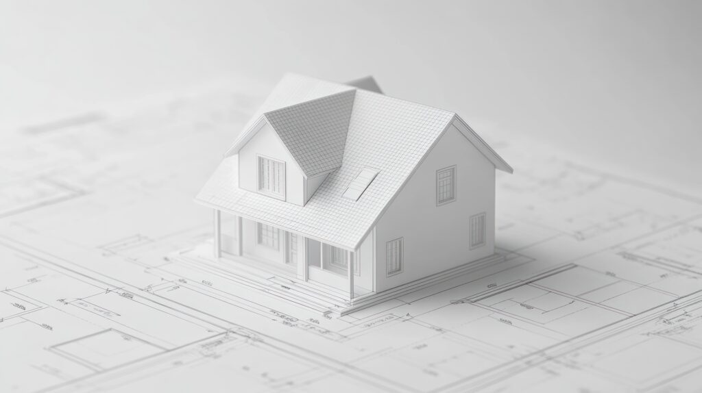 Architekturmodell auf Bauplan | Sporthalle bauen