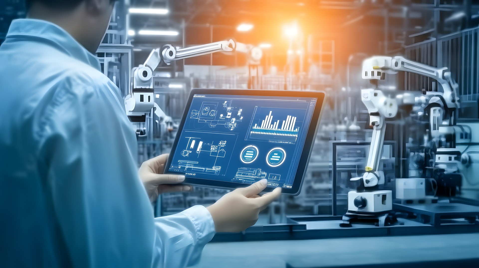 Ingenieur steuert vernetzte Roboteranlage mit Tablet | Anwalt für Produkthaftung