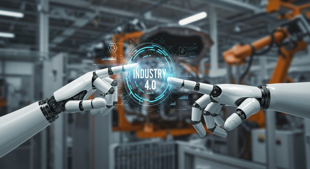 Zwei Roboterarme berühren sich mit Industrie-4.0-Symbol | Anwalt für Produkthaftung