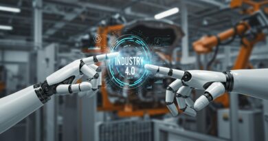 Zwei Roboterarme berühren sich mit Industrie-4.0-Symbol | Anwalt für Produkthaftung