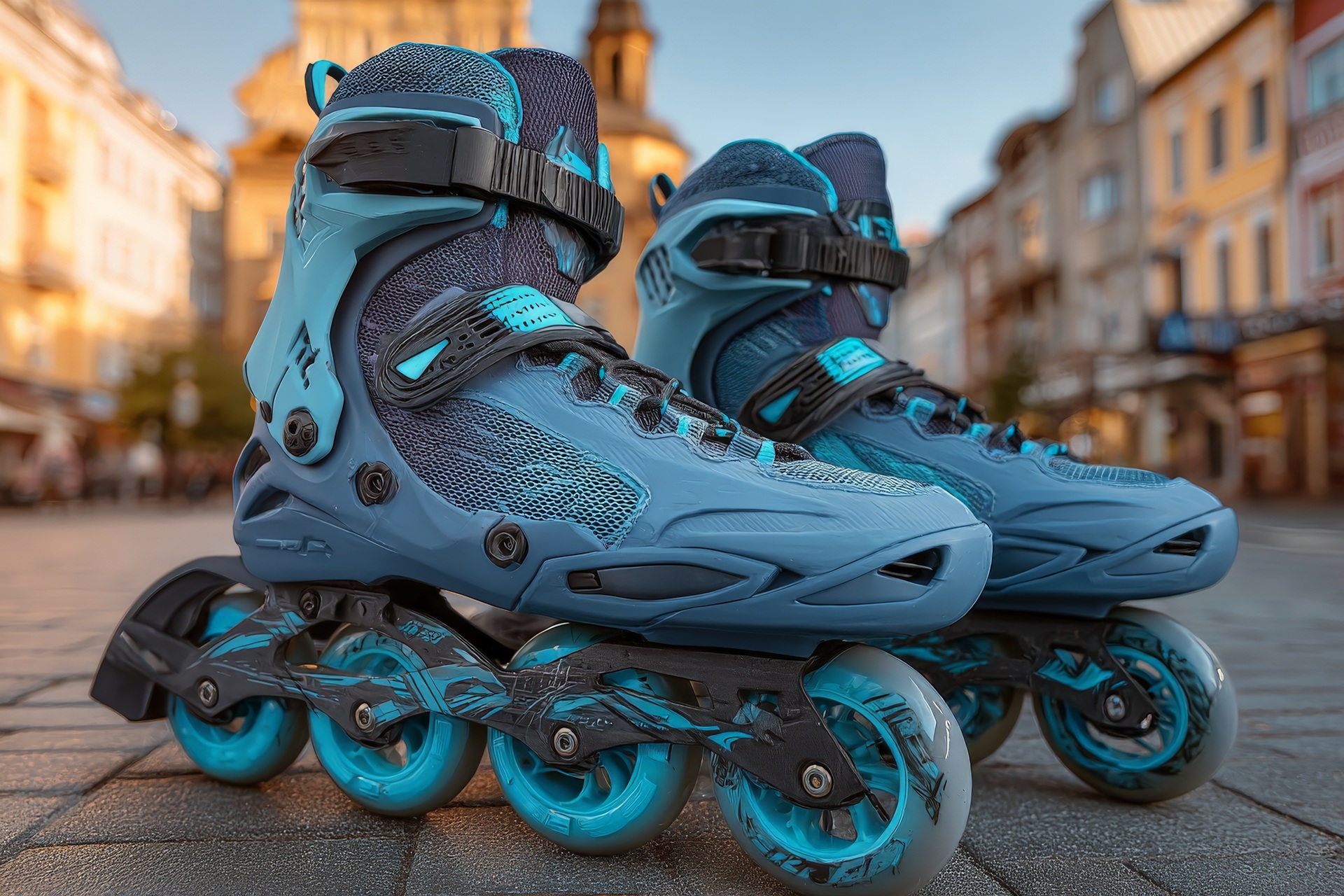 Moderne blaue Sportroller im Stadtzentrum | Inliner Skates
