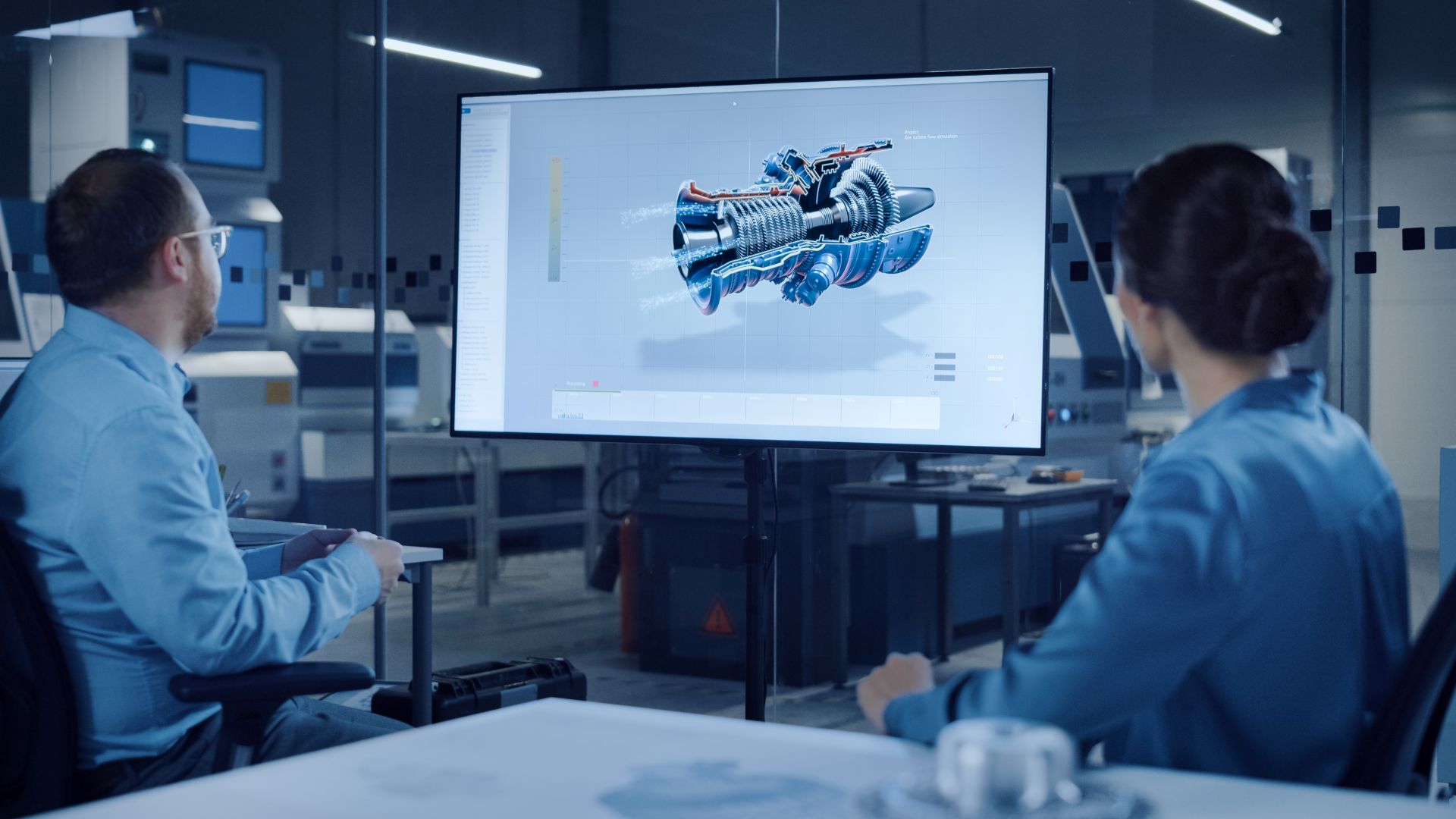 Ingenieure analysieren 3D Modell einer Maschine auf Bildschirm als Beispiel fuer digitale Zwillinge und moderne Anlagenplanung