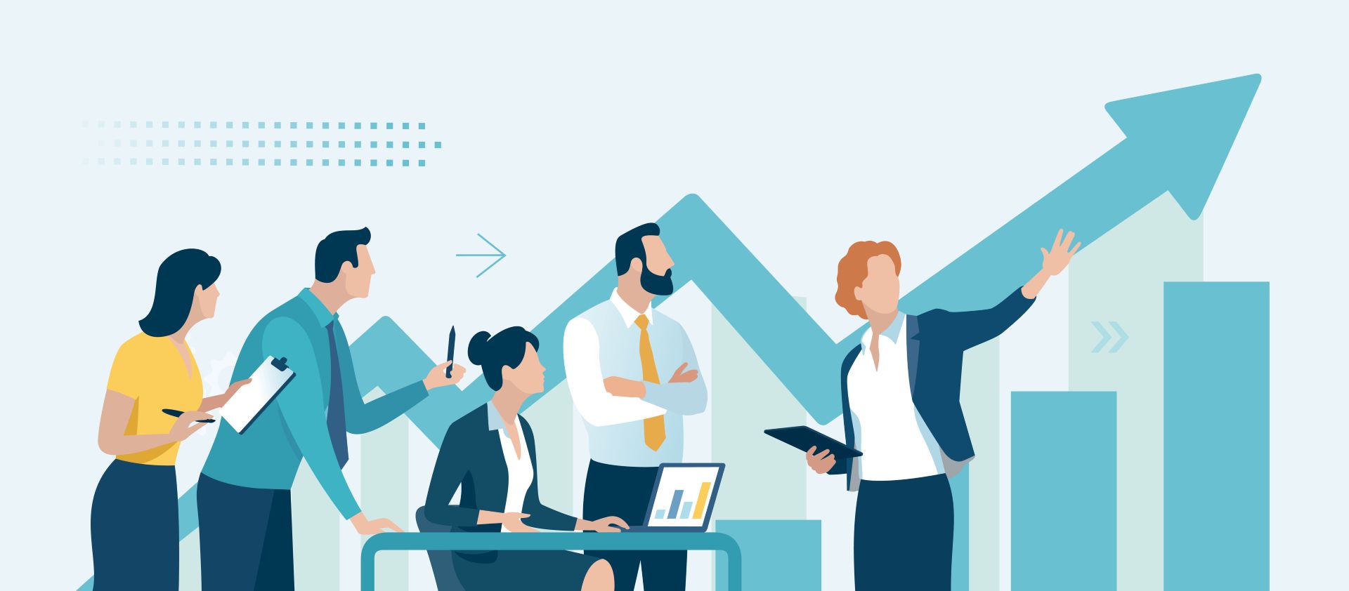 Illustration eines Business Teams vor einer Wachstumsgrafik als Symbol fuer strukturierte Planung mit aps system