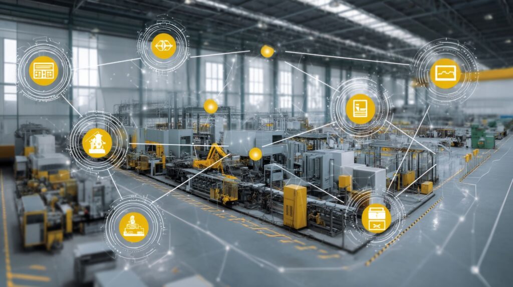 Industrieanlage mit digital vernetzten Produktionsprozessen als Darstellung fuer effiziente Ablauforganisation durch ein aps system