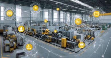 Industrieanlage mit digital vernetzten Produktionsprozessen als Darstellung fuer effiziente Ablauforganisation durch ein aps system