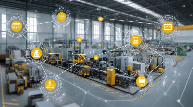 Industrieanlage mit digital vernetzten Produktionsprozessen als Darstellung fuer effiziente Ablauforganisation durch ein aps system
